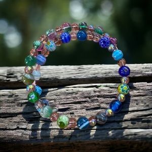 Multicolored glass bead spiral bracelet